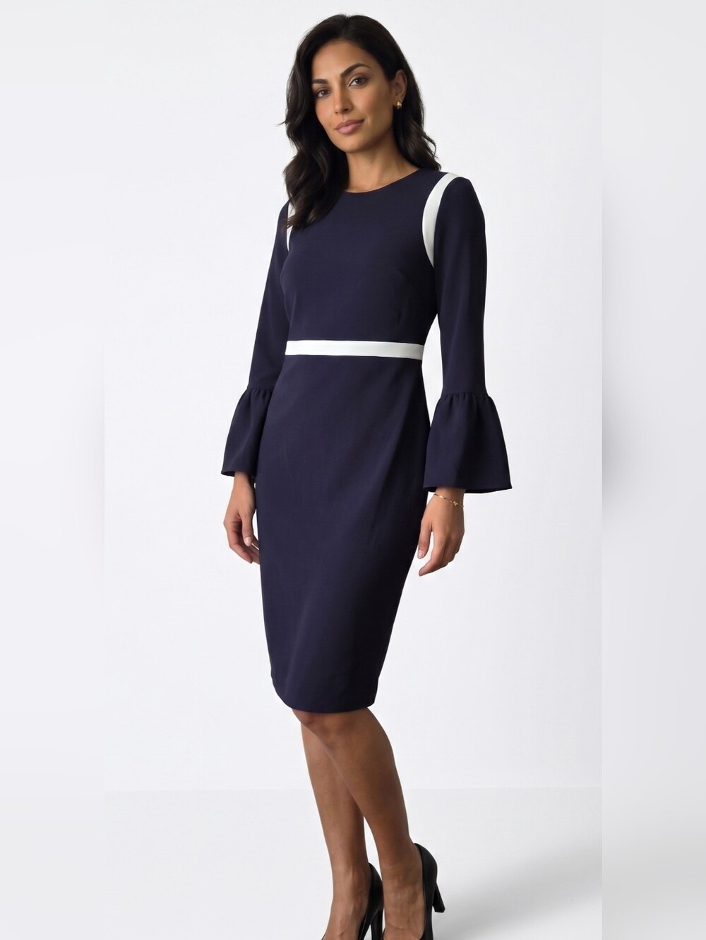 NWT Calvin Klein Navy Dress with White Trim and Bell Sleeves Size 8